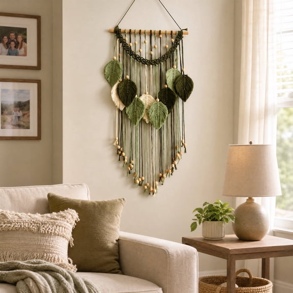 CHICCLO Macrame Wall Hanging, Boho Hanging Decor for Bedroom Living Room Bathroom, Handmade Leaf Wall Tapestry, Pack of 1 , 28.7''(L)x15.7''(W), Sage Green
