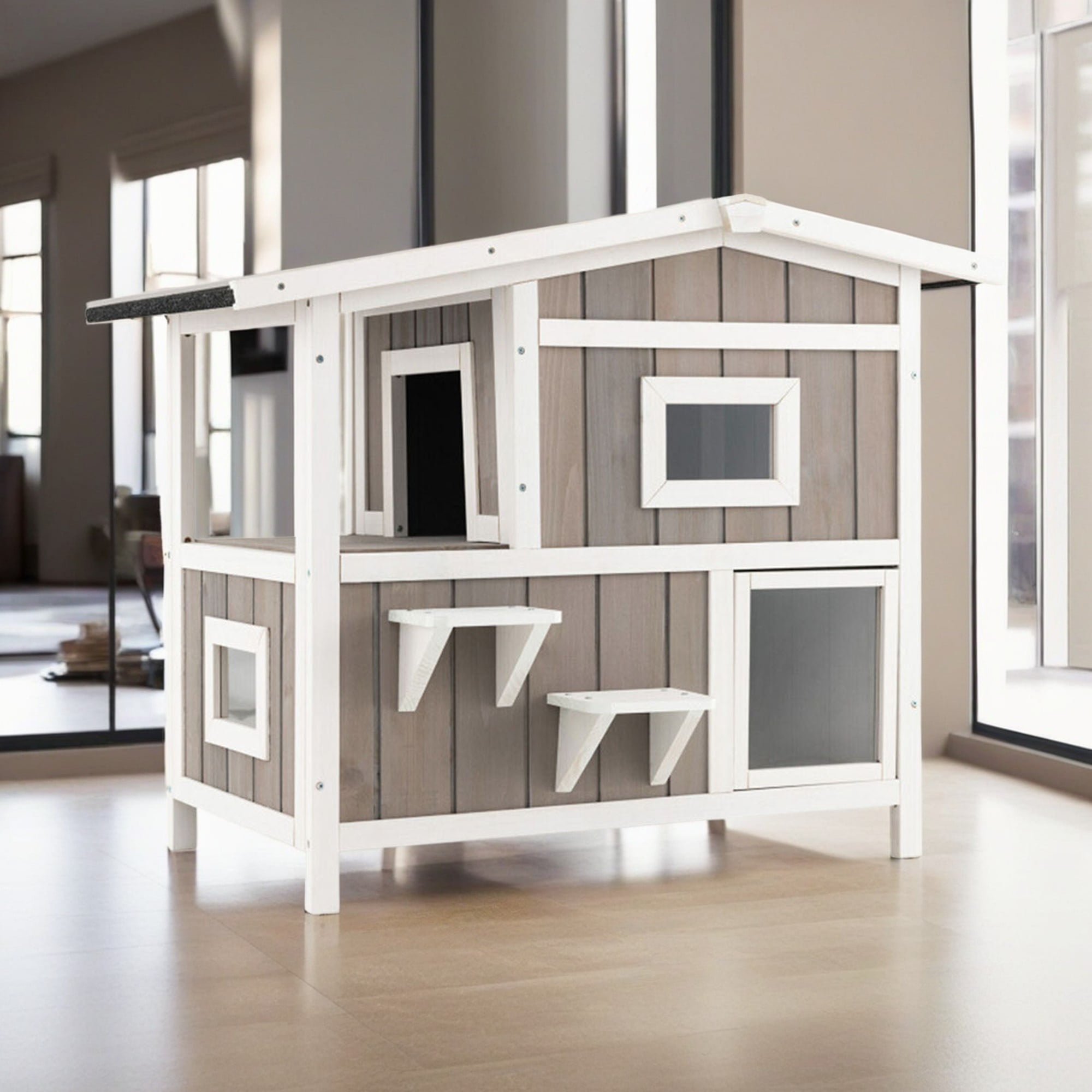 resenkos 39" Outdoor Wooden Cat House with Escape Door, 2-Story Feral Cat Shelter Rainproof Outside Kitty Cat Condo, Gray