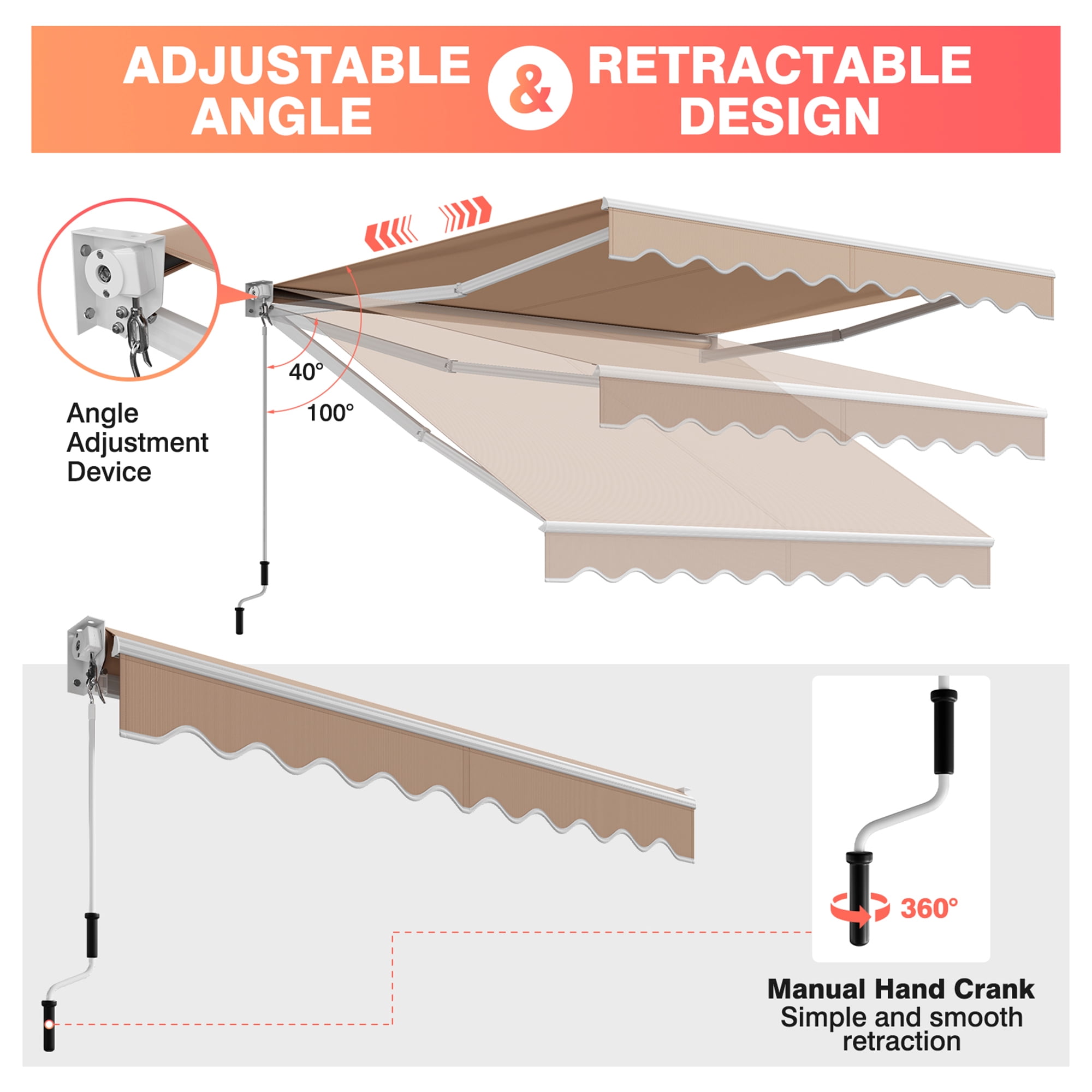 Gymax Fashion 10' x 8.2' Retractable Awning Sunshade Shelter Manual Crank Handle Beige