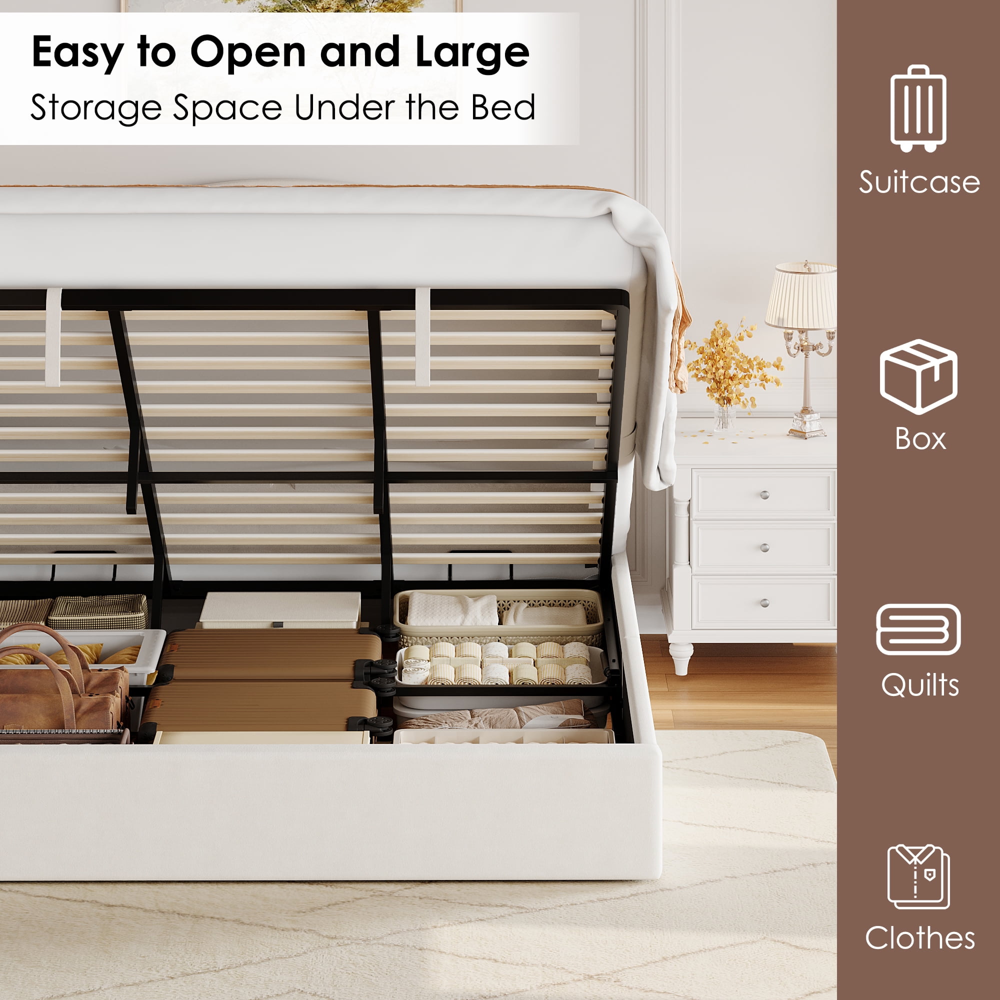 Homfa Queen Size Lift Up Storage Bed, Modern LED Headboard with USB Charging Port, Hydraulic Support,Beige
