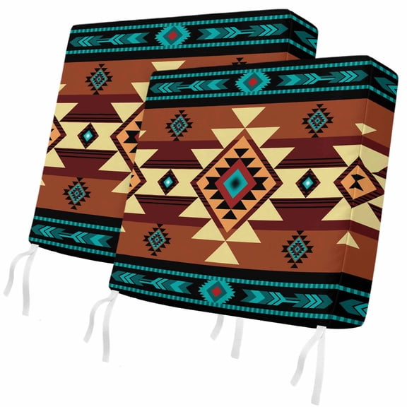 Outdoor Patio Cushion Covers 2 Pack Turquoise Brown Boho Chair Pads Slipcovers with Ties & Zipper Waterproof Native Southwest Ethnic Seat Cushion Covers for Outdoor Furniture Couch Sofa 24x24 Inch