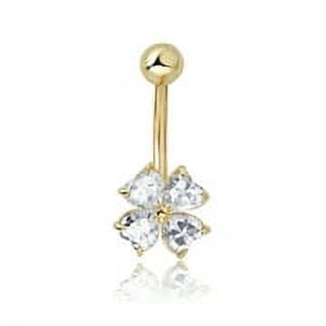 AVORA 10K Yellow Gold Heart-shaped Simulated Diamond CZ Flower Belly Button Ring Body Jewelry (14 Gauge)