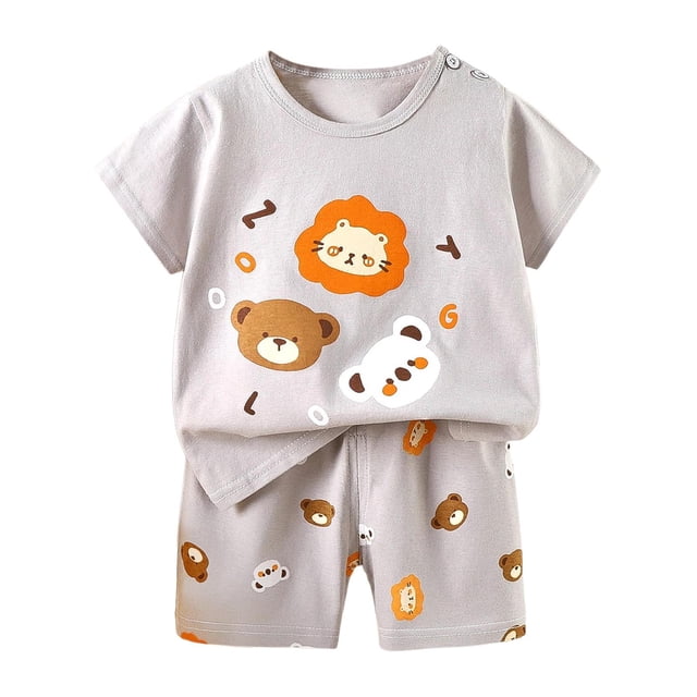 Ensemble 2 Pcs pour Enfants Garçons Filles Été Imprimé Dessin Animé Manches Courtes Hauts et Shorts