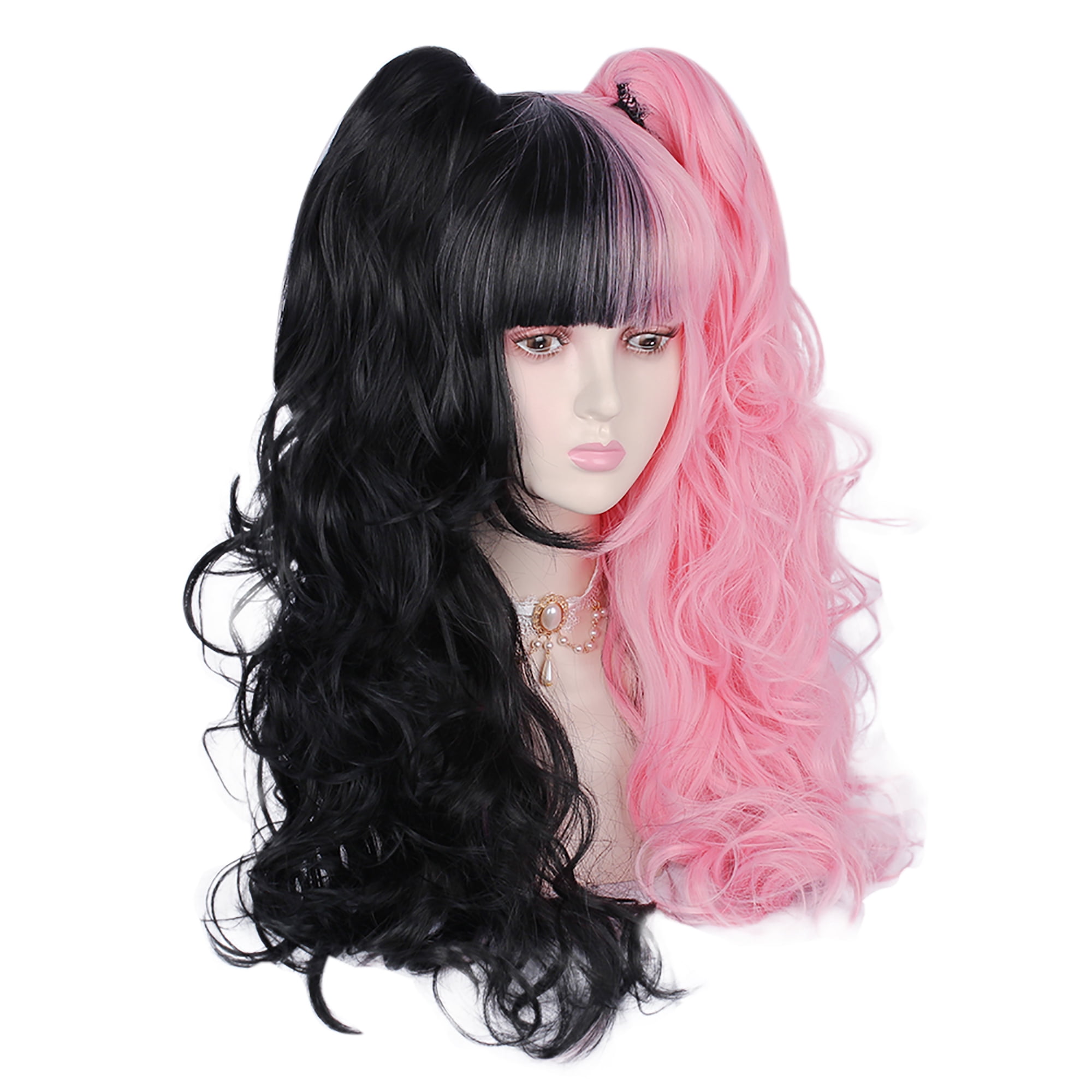 Unique Bargains Wigs for Women 24" Ponytail 24" Body Length Black Pink Curly Wig with Wig Cap