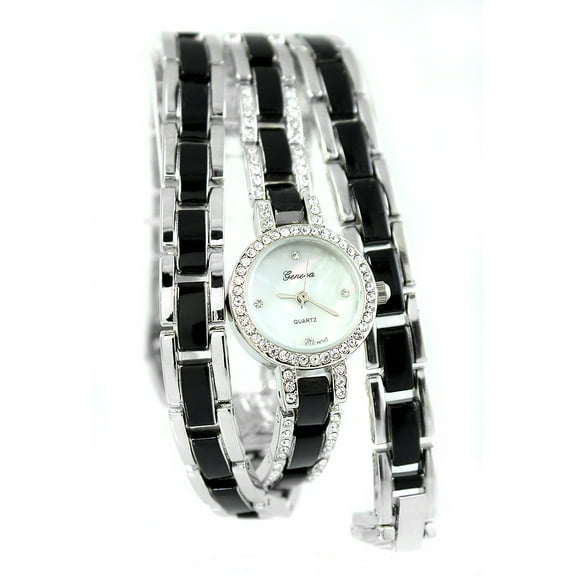 Ladies Silver tone black 22 inches warp bracelet clubbing watch 23 mm CZ case.