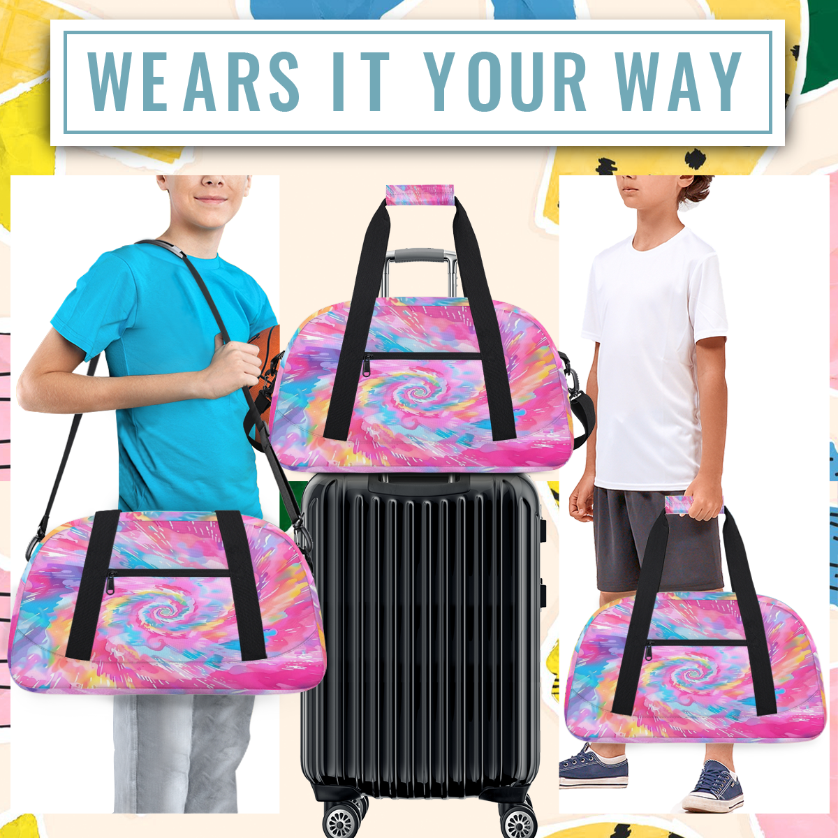 Herdesigns Sports Duffle Bags Travel Duffle Bag Gym Bag Cute Tie Dye Colorful Rainbow Weekender Travel Bag Waterproof Overnight Bag Carry On Travel Tote Bag Dance Bags