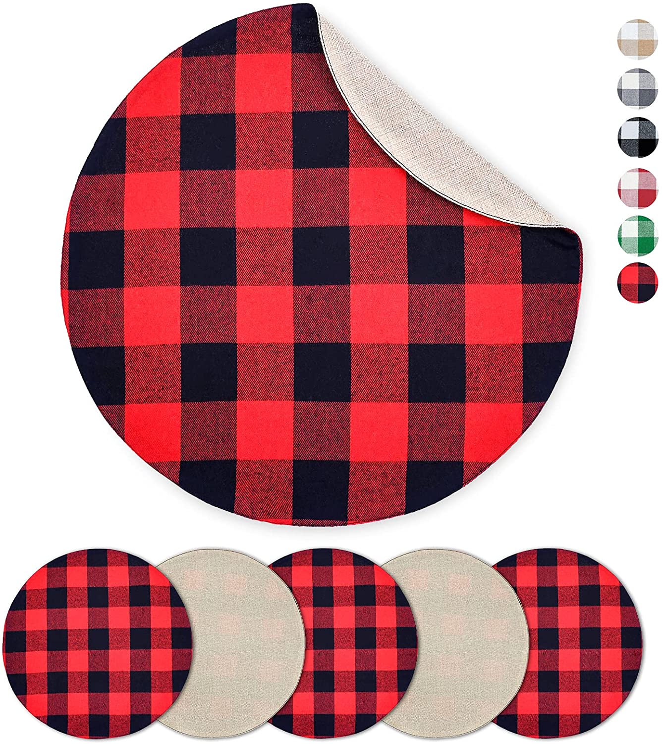 Round Placemats Set of 6 Red and Black Buffalo Plaid Placemats