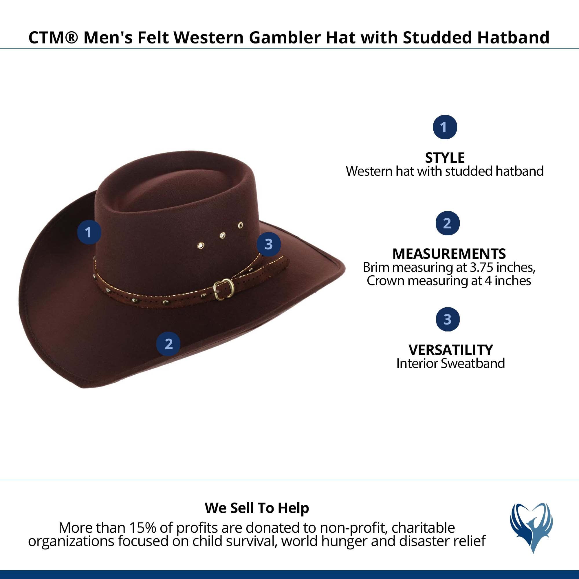 CTM  Felt Western Gambler Hat with Studded Hatband (Men)
