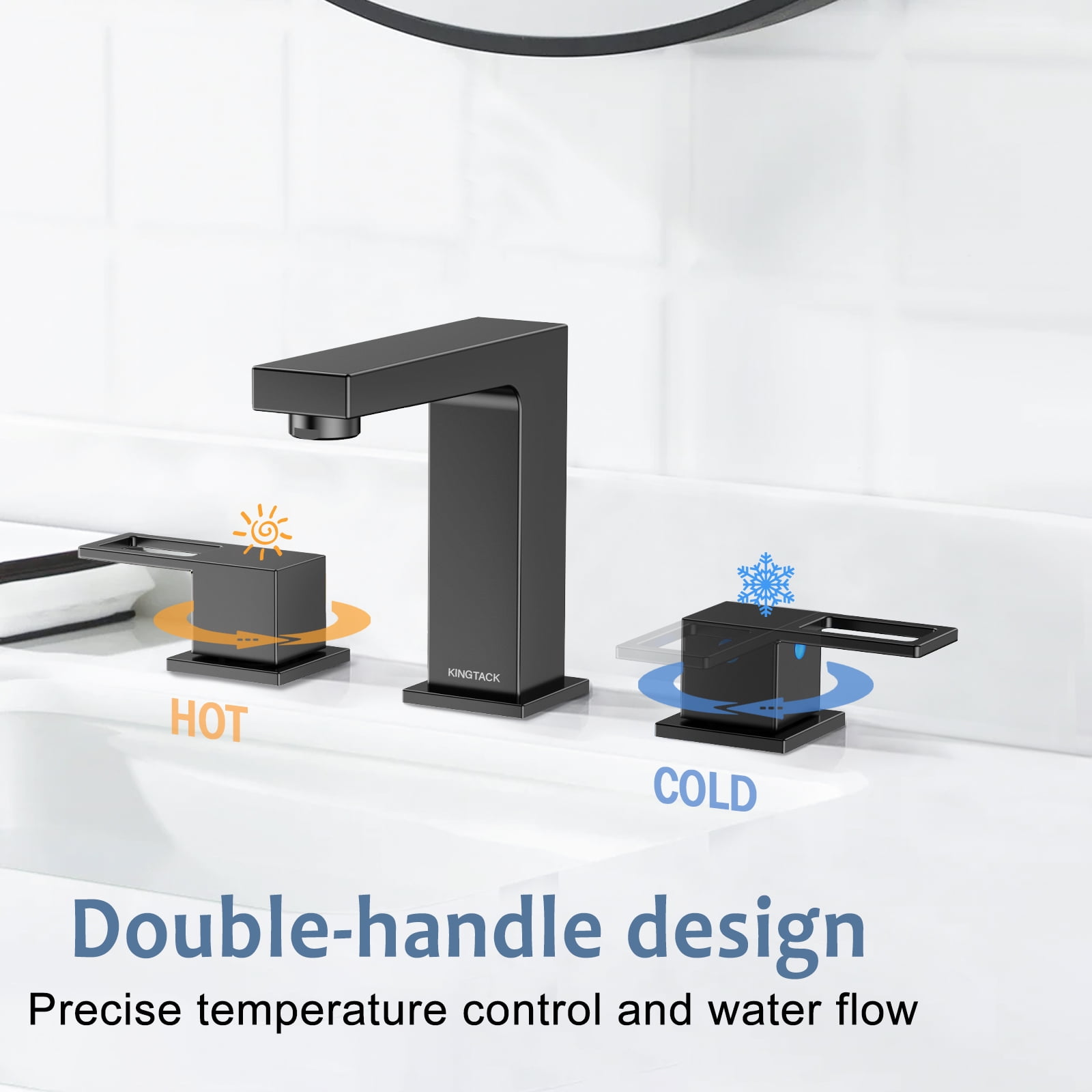 KINGTACK Matte Black Bathroom Faucet 3 Hole, 8 inch Widespread Bathroom Faucet with Pop Up Drain, 2 Handle Vanity Faucet with Water Supply Hoses