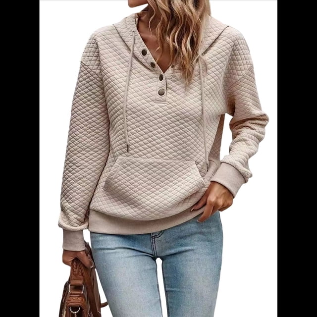 Sudadera Informal de Larga Acolchada con Medio Botón y Hombros Caídos para Mujer, con Capucha y Cordón Ajustable. Albaricoque XL