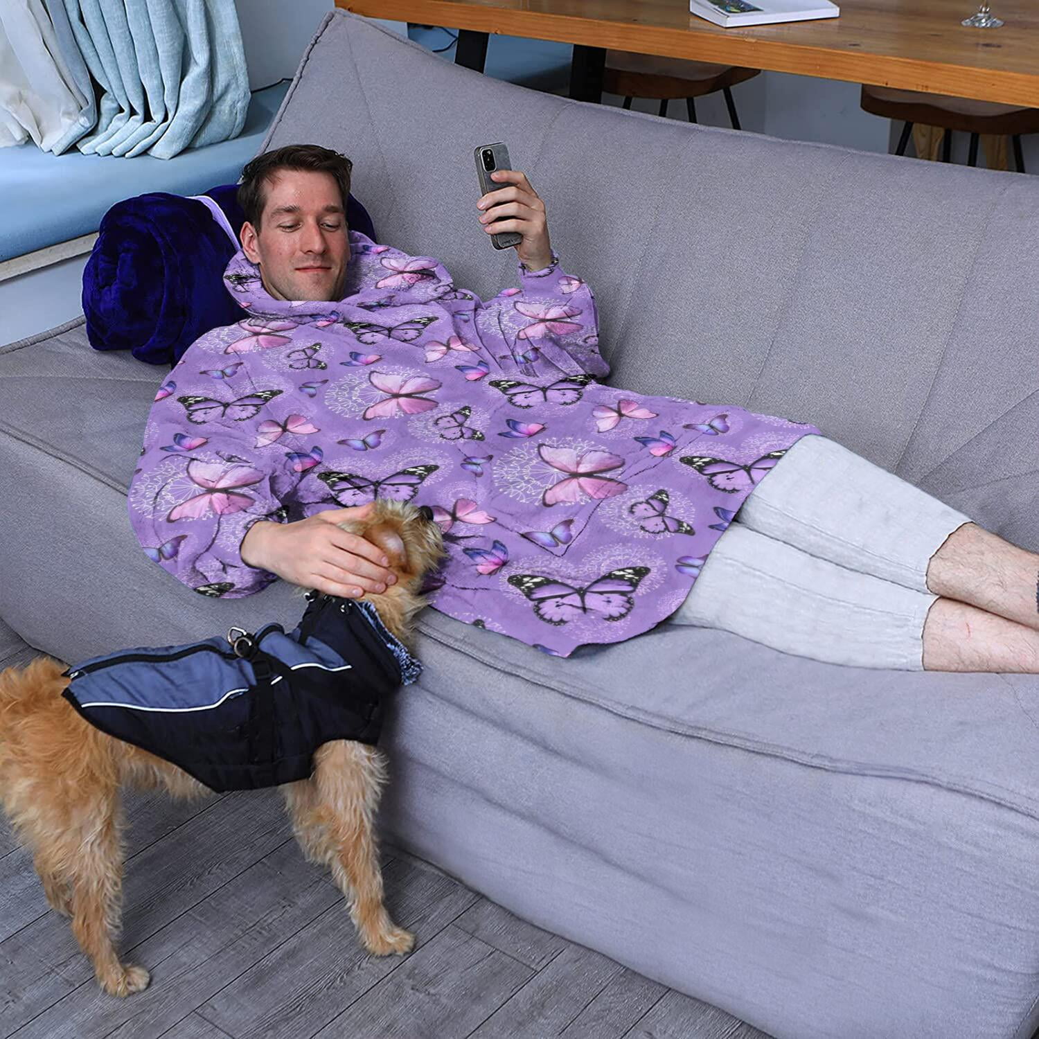 Purple Butterfly Pattern Wearable Oversized Blanket,Wearable Blanket Hoodie for Adults,Cozy Hooded Blankets with Super Pockets,Super Warm Fuzzy Pullover for Women & Men