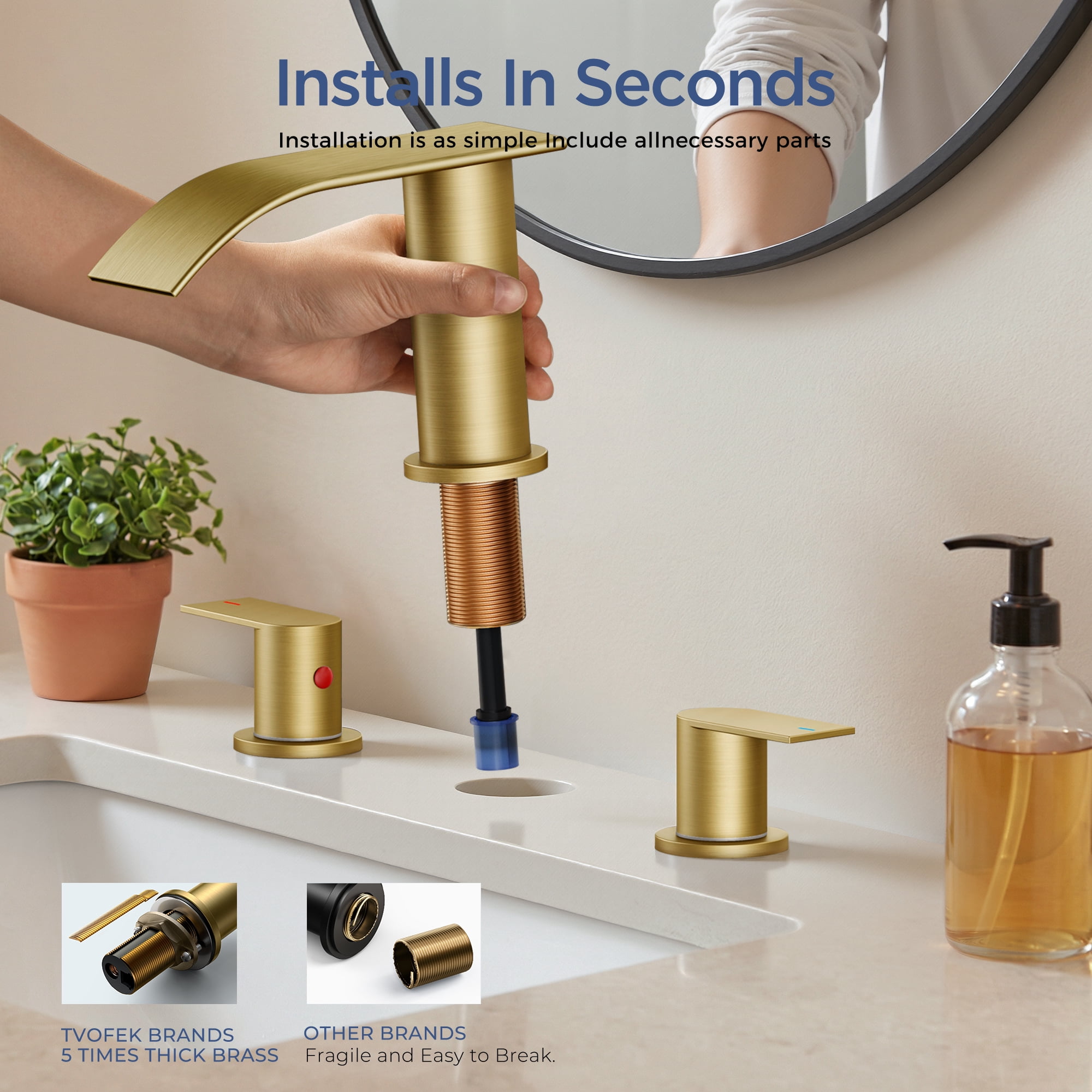 TVOFEK 8 inch Waterfall Bathroom Faucet 3 Hole, Gold Widespread Bathroom Water Faucets with Metal Pop-up Drain and Supply Lines for Vanity Farmhouse, Stainless Steel Faucets