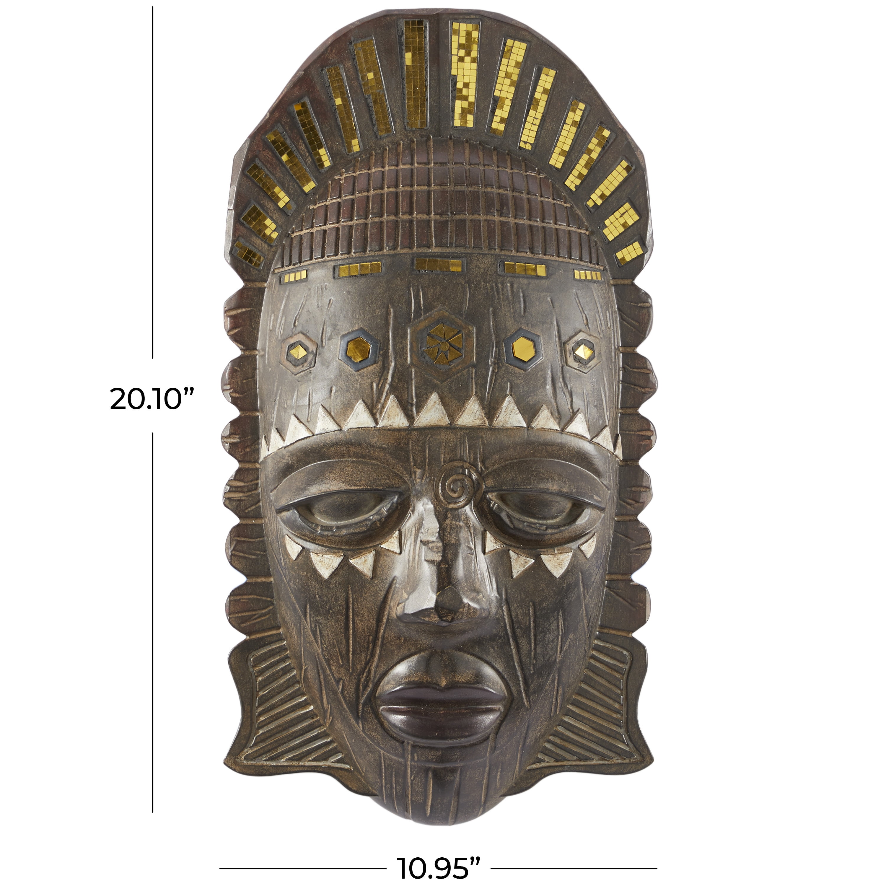 DecMode Brown Polystone Mask African Tribal Home Wall Decor with Cream and Navy Carvings and Mirrored Gold Accents, 11" x 20" x 6"