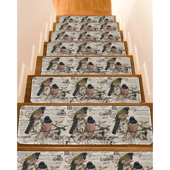 Vintage Birds Stair Treads for Wooden Steps Indoor Runner Rug Carpet, Country Envelope Postmark Farmhouse Botancial 15 Pieces Peel and Stick Staircase Step Treads Covers Washable Door Mats 30"x8"