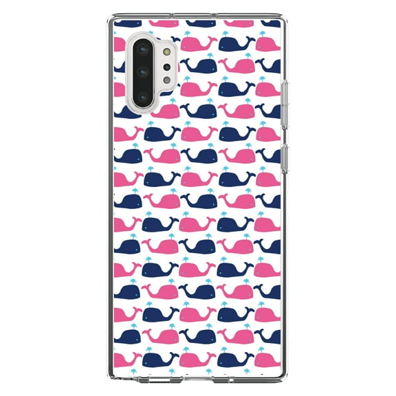 DistinctInk Clear Shockproof Hybrid Case for Galaxy Note 10 PLUS (6.8" Screen) - TPU Bumper, Acrylic Back, Tempered Glass Screen Protector - Pink Navy Cartoon Whales - Cartoon Whales