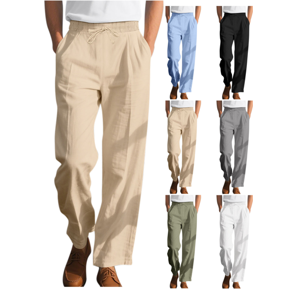 FEIIBMOYRIA Men's Wide Leg Pants Men Cotton Blend Pockets Elastic Drawstring Waist Long Pants Casual Loose Light Breathable Fashion Daily Holiday Beach Pants