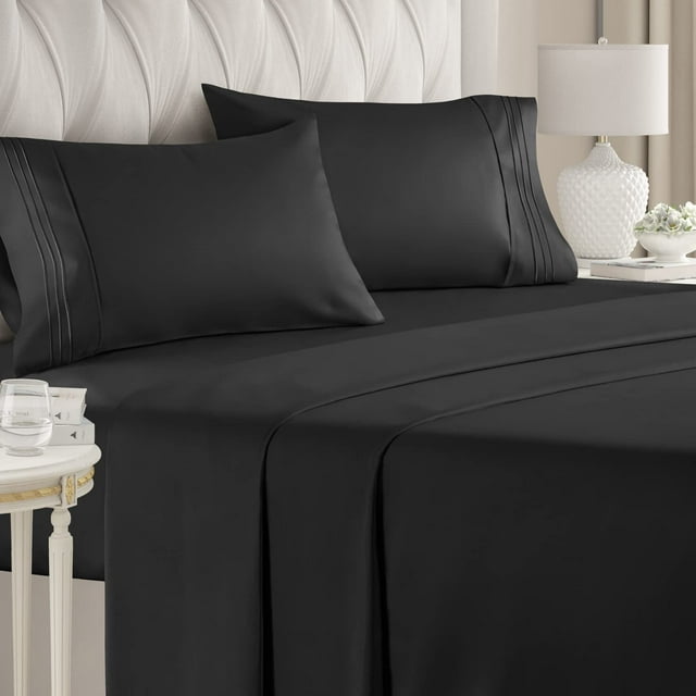 California Très Grand Size Drap Ensemble U2013 4 Pièces Ensemble - Draps de Lit de Luxe Hôtel - Extra Doux - Poches Profondes - Respirant et Rafraîchissant - Ride Libre - Confortable - Draps de Lit Noir - Draps Rois Cali 4 PC