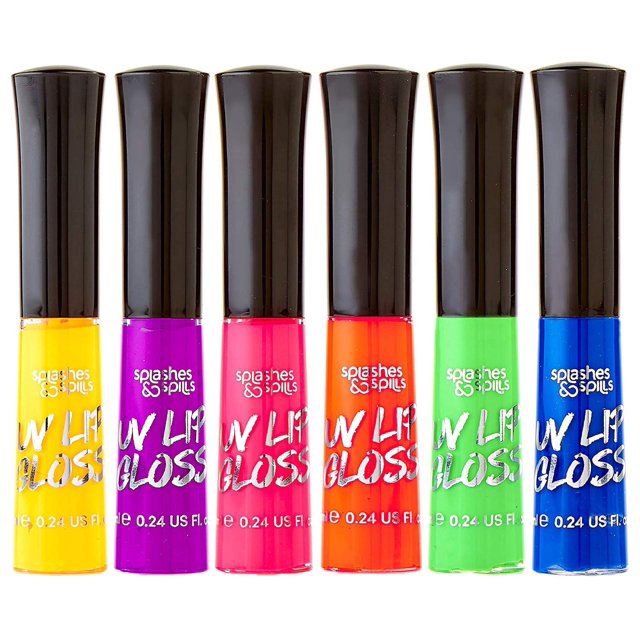 Splashes & derrames Brillo de labios con luz negra UV - Paquete variado de 6 colores 3,7 g - Maquillaje para discotecas o disfraces de día o de noche