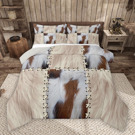 Homewish Animal Cattle Print Bedding Comforter Set 2pcs for Teenagers,Retro Vintage Aesthetic Twin Comforter Sets Microfiber,Geometric Plaid Grid Patchwork Breathable Bedding Set