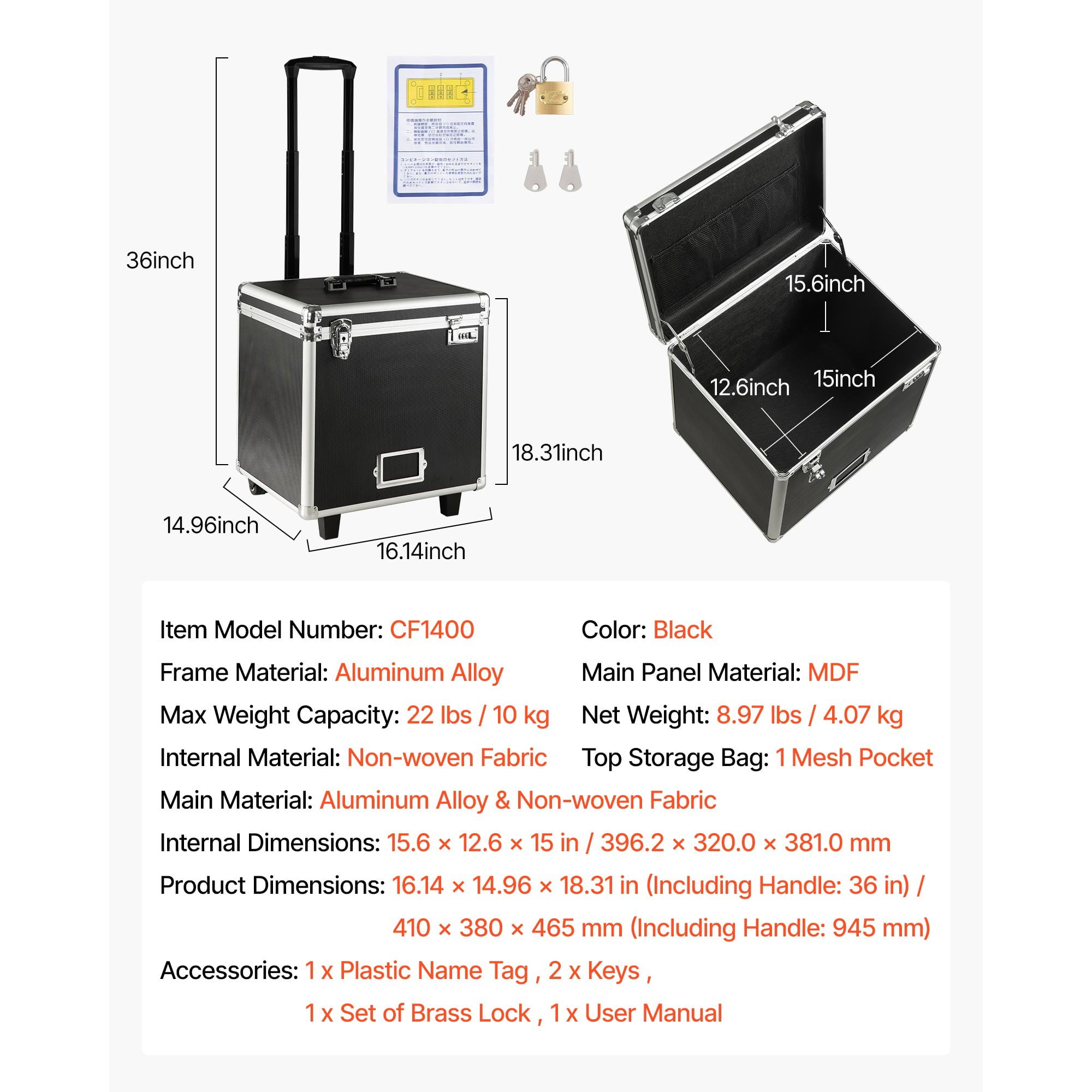 KFFKFF Portable File Storage Box, 15.6 x 12.6 x 15 inch Internal Dimensions, Lockable Mobile Organizer with Telescopic Handle, Rolling File Case for Home, Office, Hospitals, and Banks