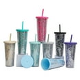 thumbnail image 4 of Yesbay 24OZ/710ml Water Cup with Straw Glitter Double Wall Wavy Edge Straight Tumbler Juice Iced Coffee Cup, 4 of 8
