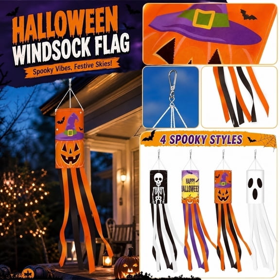 Halloween Windsock Hanging Ornament, Skeleton Pumpkin Ghost Printed Wind Sock With Striped Streamers, Yard Porch Tree Indoor Outdoor Fall Holiday Party Decoration(Black)