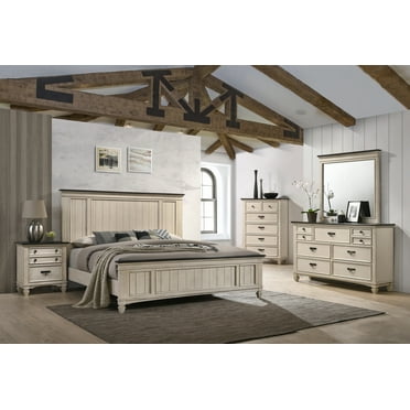 5Pc Contemporary Style Queen Size Bed Set Dresser Mirror Nightstand Wooden Beautiful Furniture Home Beige Finish