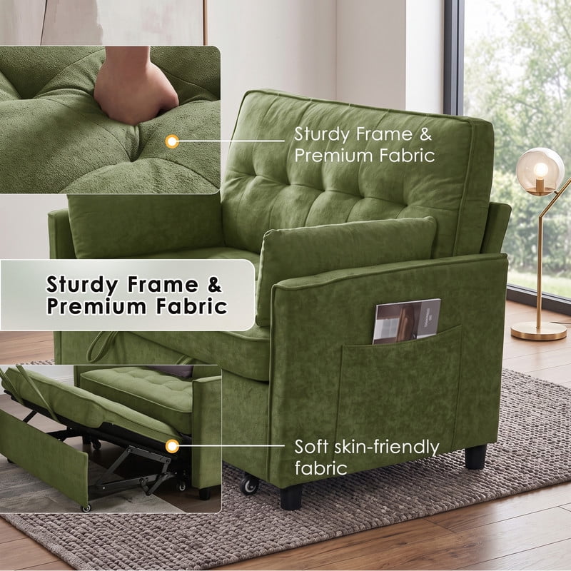 Anpport 54" 3‑in‑1 Convertible Sofa Bed, Towel Fabric, 3‑Position Adjustable Backrest with USB Charging Ports, for Living Room, Apartment, Green