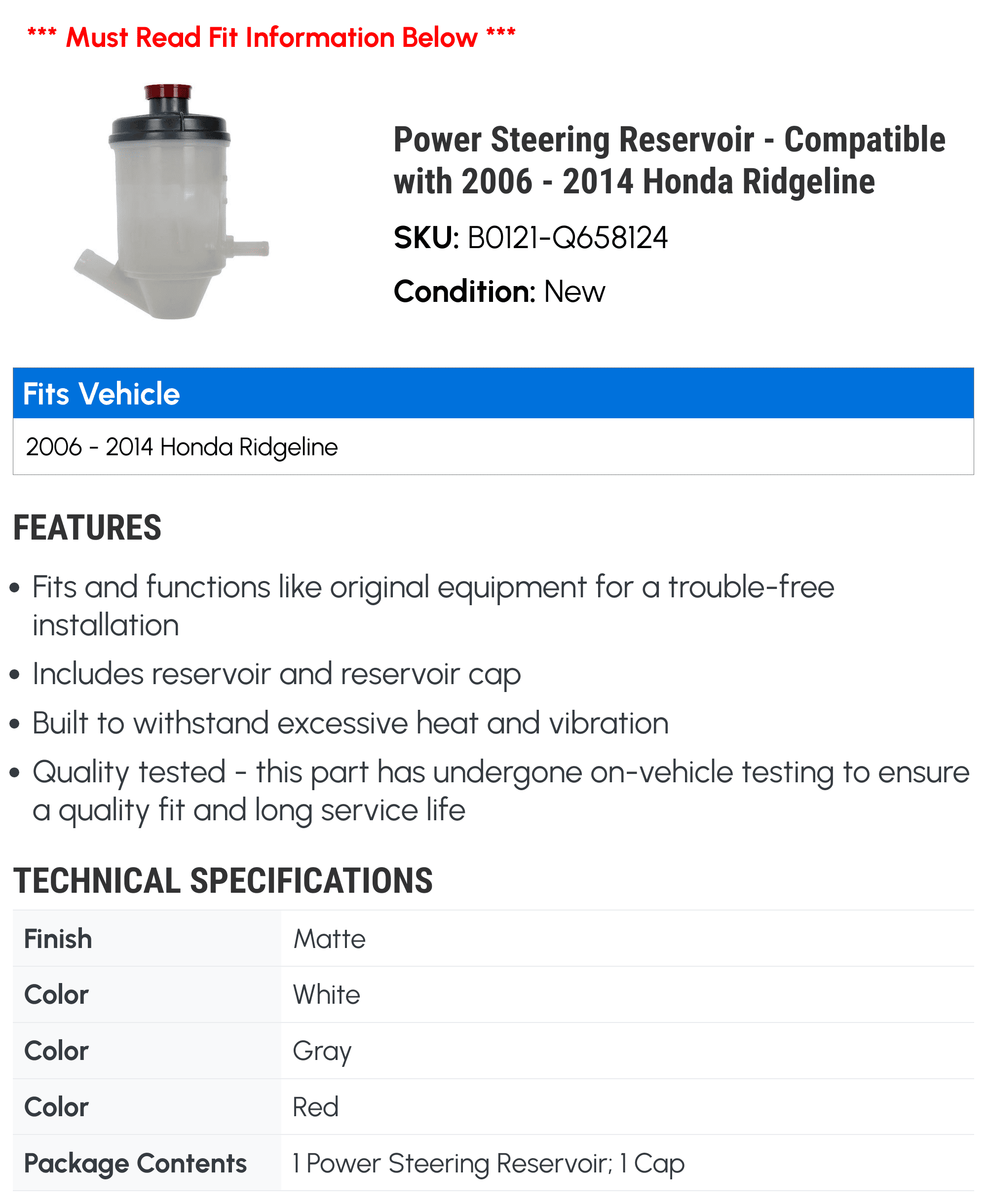 Power Steering Reservoir - Compatible with 2006 - 2014 Honda Ridgeline 2007 2008 2009 2010 2011 2012 2013
