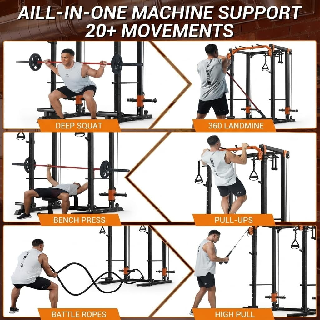 JoanKaren Power Rack Cage,2000lbs Capacity Weight Rack with Adjustable Cable Crossover Machine,Multi-Function Squat Rack with J Hooks,Dip Bars and Landmine,Balck&Orange