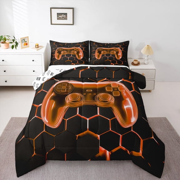 Erosebridal Gamepad Print Bedding Twin Comforter Set, Neon Orange Down Comforter, Geometric Stripe Decor, Super Cozy 2pcs