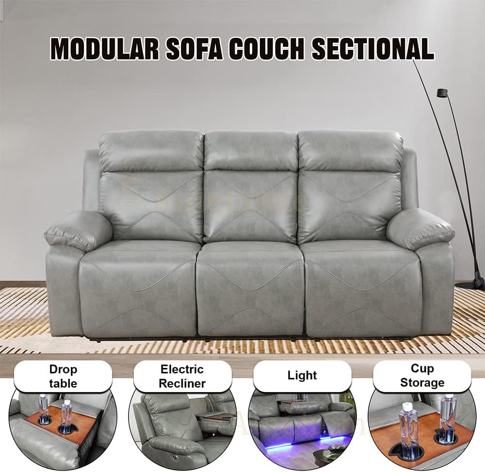 Pon Living Furniture Inc Faux Leather Reclining Sofa with Usb Port, Gray