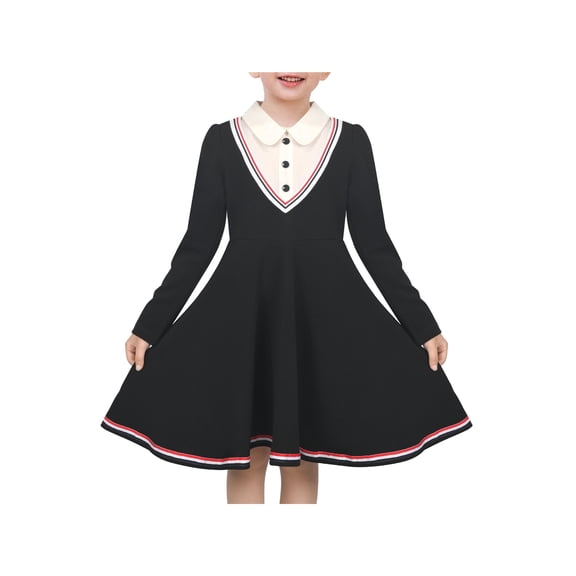 Sunny Fashion Girls Dress Long Sleeve Black A Line White Collar Button Front School Formal Daily Recital 5 Years