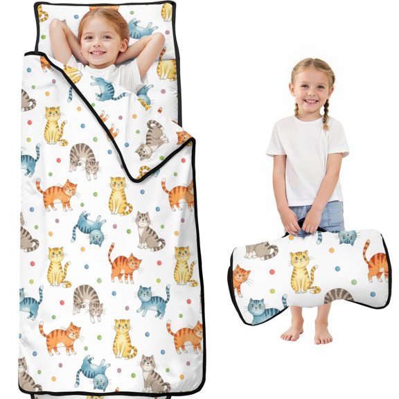 Rainbow Cat and Dot White Pattern Teens Toddler Nap Mat with Pillow, Sleeping Mat Bag for Preschool Daycare 59"x22"