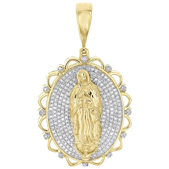10K Yellow Gold Genuine Diamond Unisex Oval Medallion Mother Mary Pendant 1/2 CT