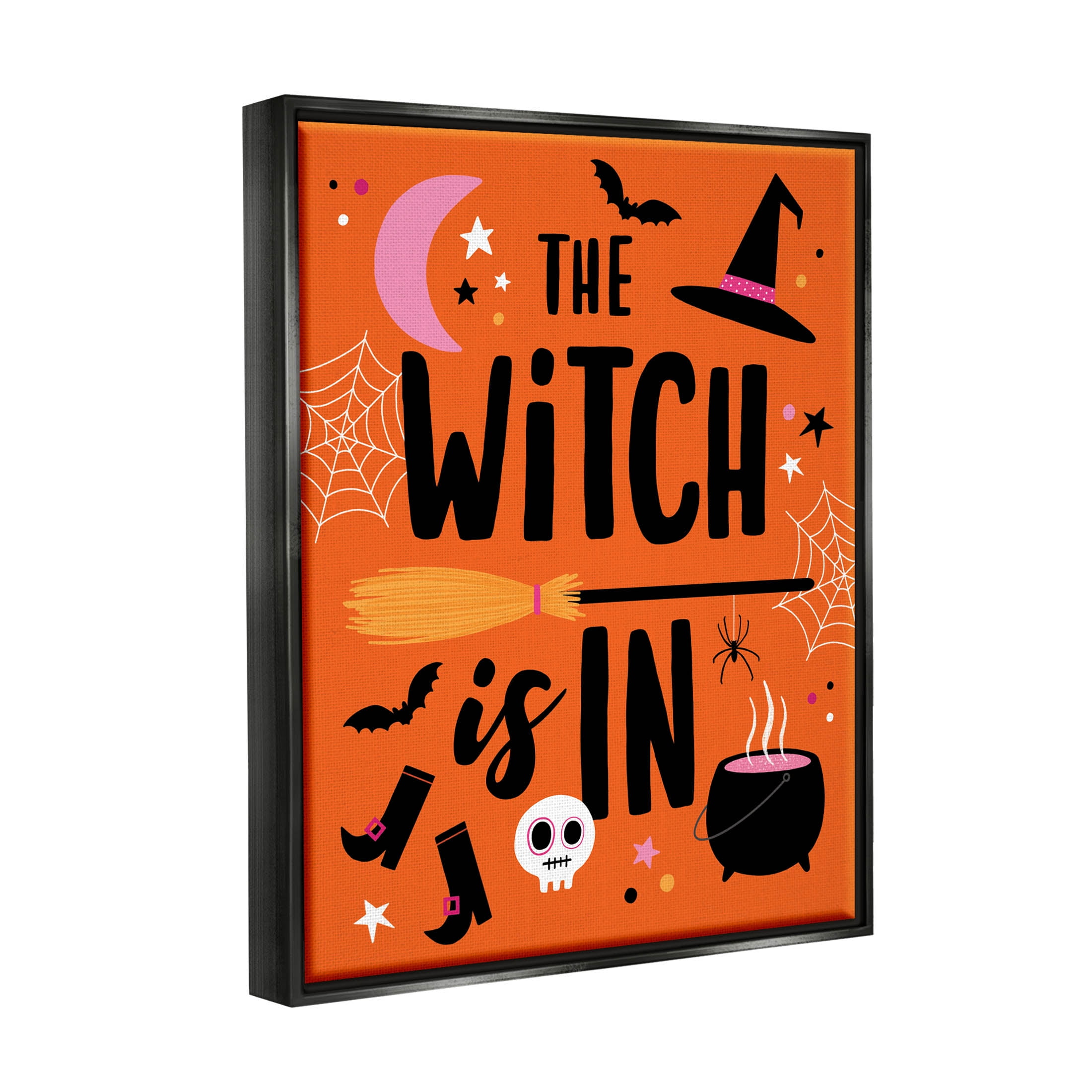Witch Is In Bold Cauldron Phrase Holiday Graphic Art Jet Black Framed Art Print Wall Art