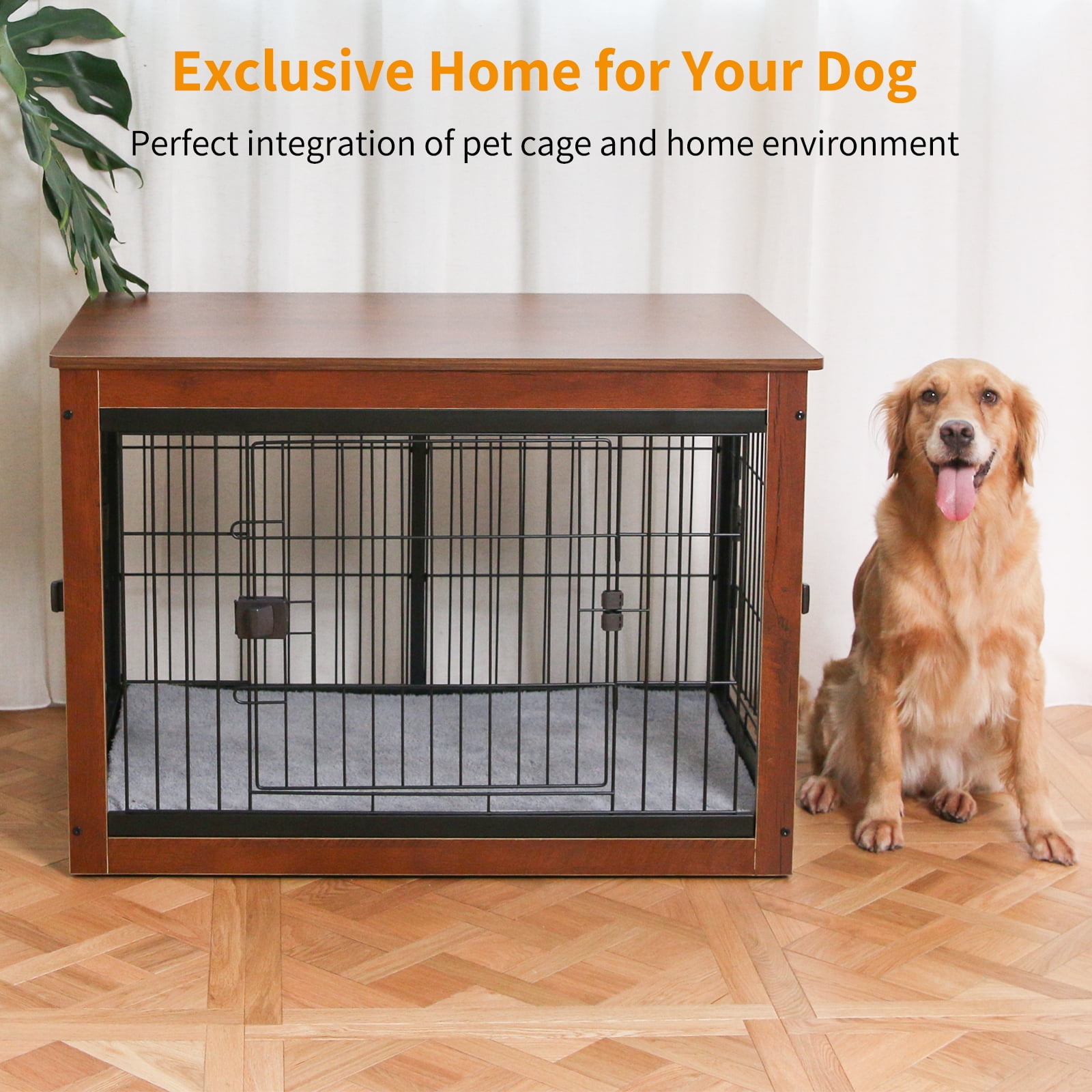 Dog Crate Furniture Indoor Dog Crate End Table Heavy-Duty Dog Cage with Dog Mat, Three-Door Dog House Brown