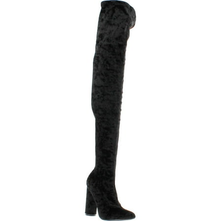

Cape Robbin Paw-27 Crushed Velvet Stretchy Pointy Toe Thigh High Over Knee Block Heel Boot Black Black 5.5