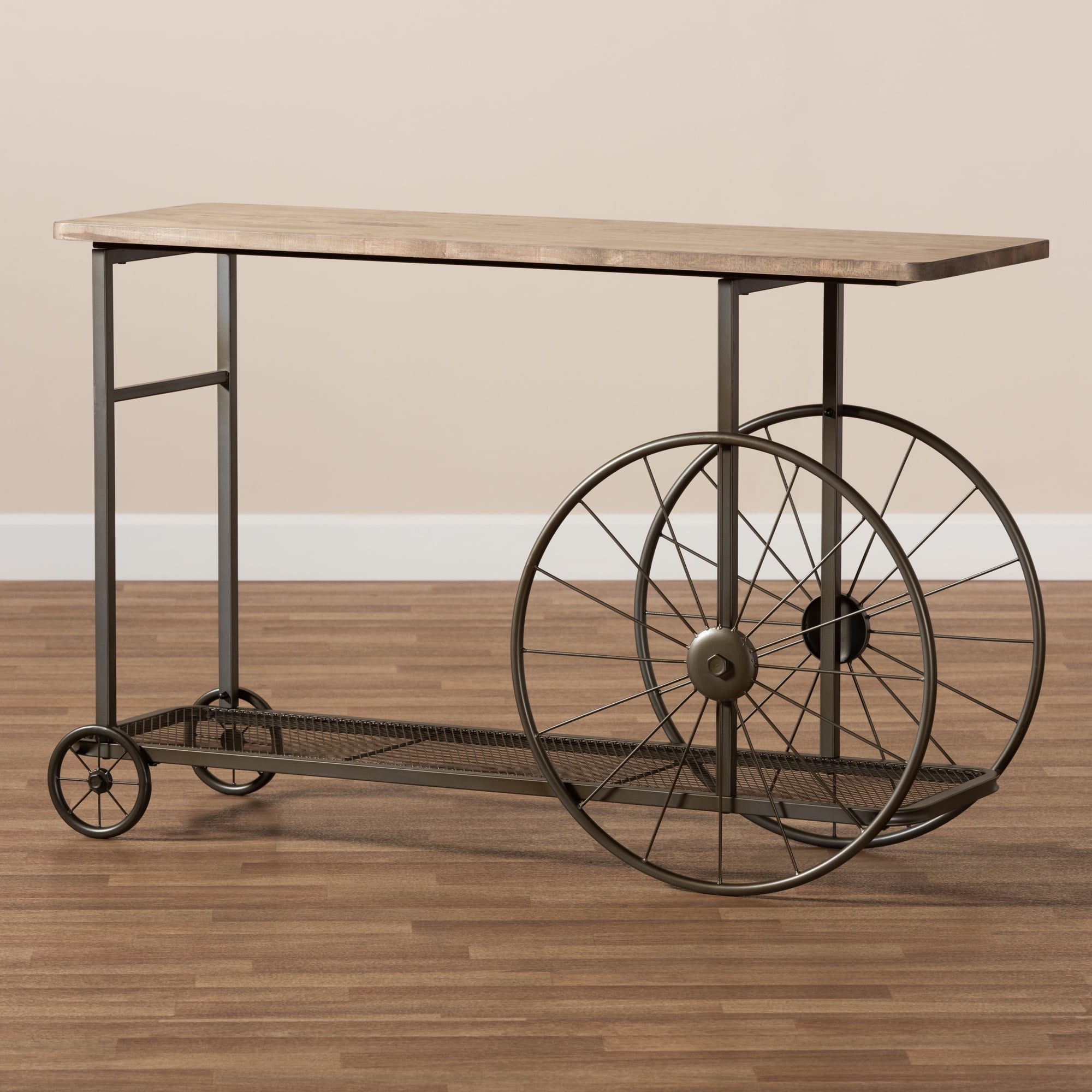 Baxton Studio Terence Vintage Rustic Industrial Natural Finished Wood and Black Finished Metal Wheeled Console Table