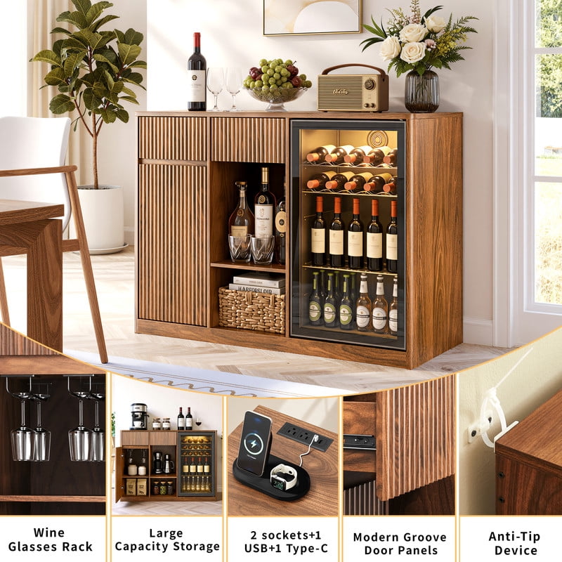 51.2"W Fluted-Door Kitchen Sideboard Buffet with Mini Fridge Nook, Freestanding Bar Wine Storage Cabinet with Charging Station