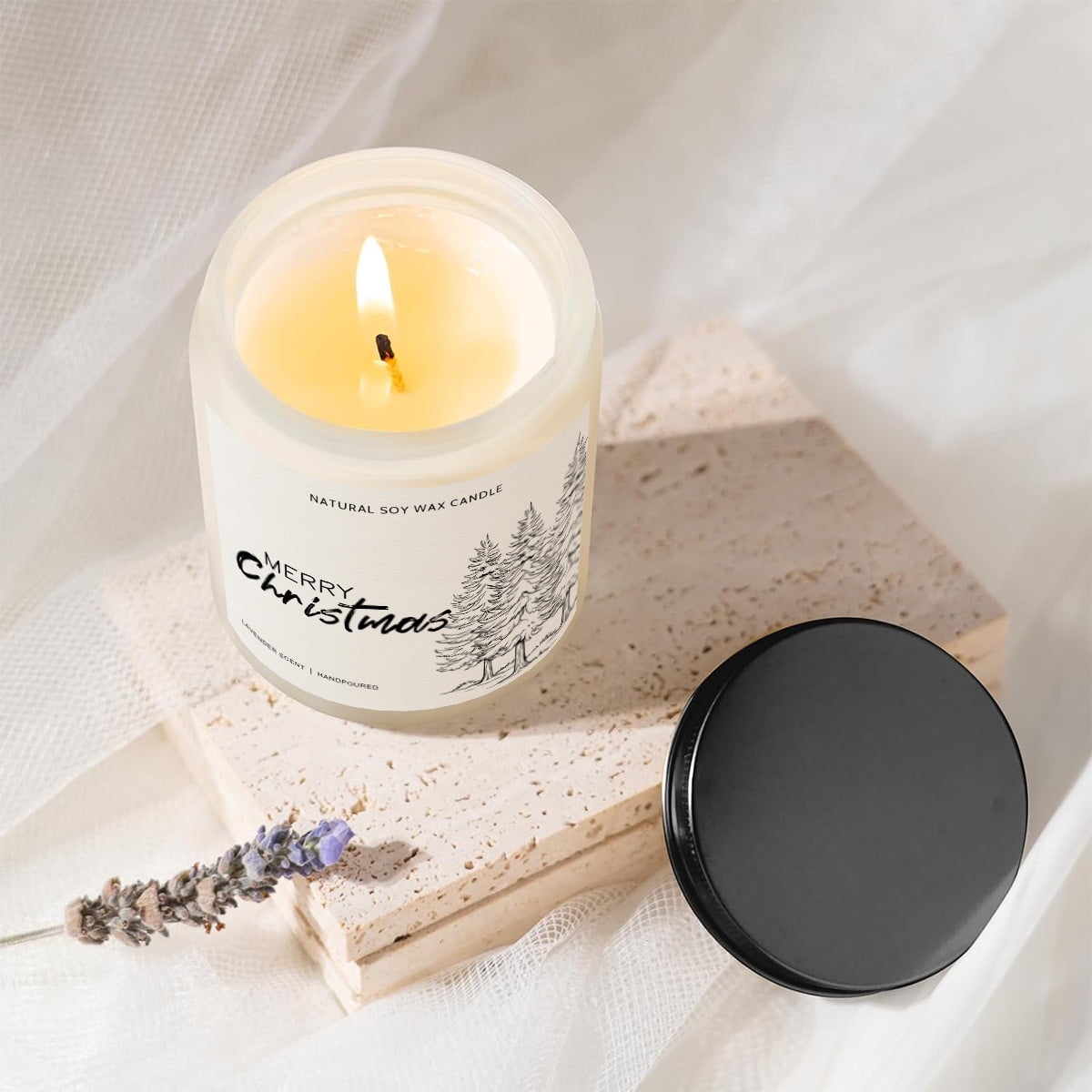 1pc Lavender Scented Candle Merry Christmas Gift for Women Men Adult Coworker Friends Mom Grandma Sister Wife White Elephant Winter Xmas House Decor Lights Trees Stockings Snowflakes Present