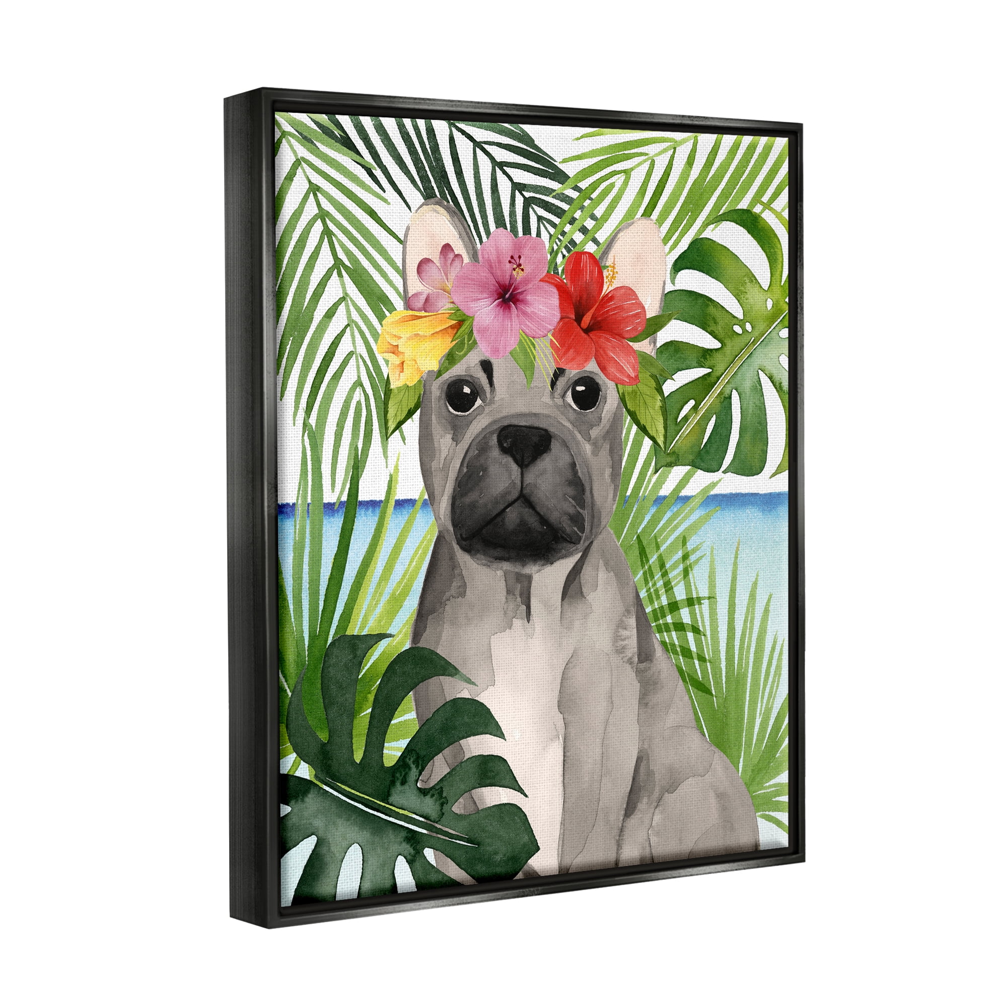 Stupell Industries Tropical French Bulldog Animals & Insects Painting Black Floater Framed Canvas Art Print Wall Art, 17 x 21