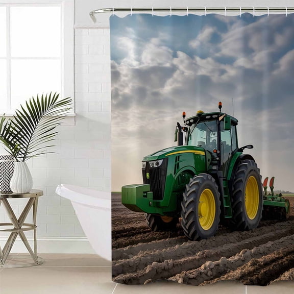 Farm Tractor Shower Curtain Set, Waterproof Shower Curtains for Bathroom, Green Truck Country Rustic Field Harvester Washable Fabric Cloth Bath Curtain for Bathtub Decoration with Hooks 66x72 Inches
