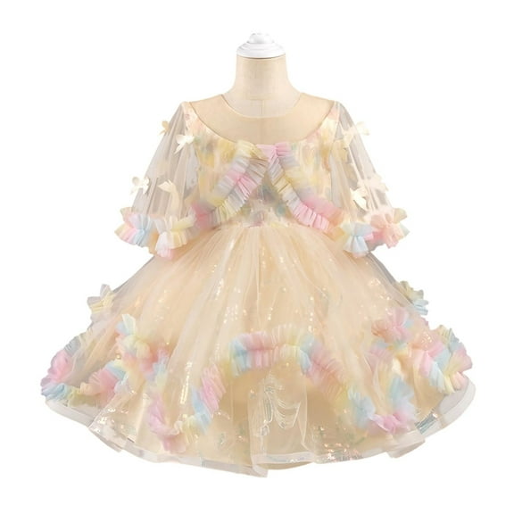SERTG Little Girls' Party Dress Sheer Paneled Skirt with Back Zipper Short Sleeve Round Neck Princesse Outfit for 6 Months-4 Years(Yellow,3 Years)