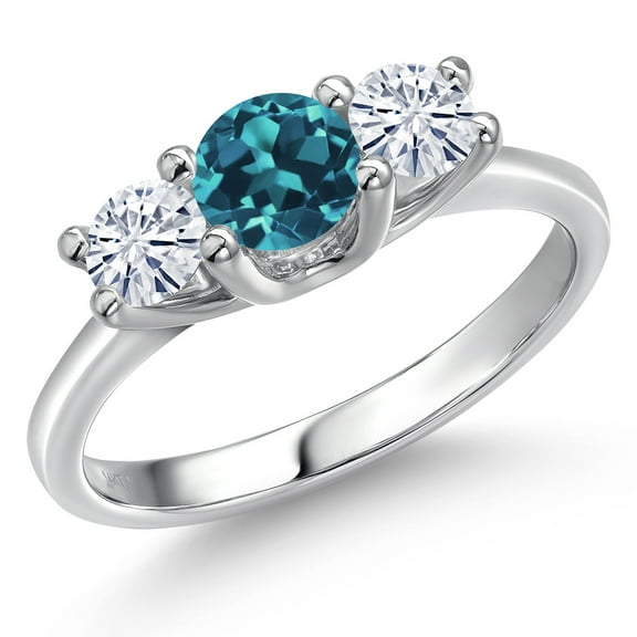 Gem Stone King 14K White Gold London Blue Topaz & White Moissanite 3-Stone Engagement Ring | 1.16 Cttw | Round 5MM and 4MM | Three Stone Wedding Anniversary Promise Ring for Women (Size 7)