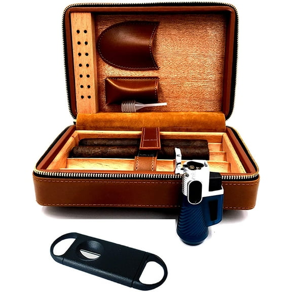 Fess Products Travel 4 Cigar Humidor, Spanish Cedar Wood Cigar Case, Portable Cigar Box with Humidifier, Cigar Cutter, Gift Box Comes with Pouch