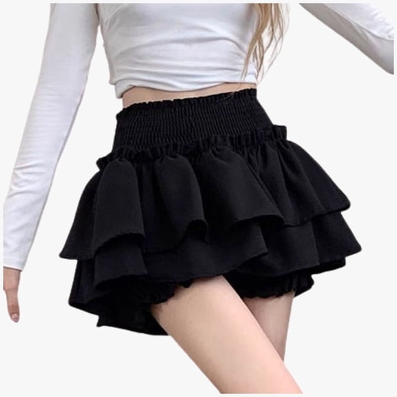 Huowey Women Ballet Mini Skirts Solid Color Smocked High Waist Ruffles Tiered Elegant Flowy Casual Boho Layered Pleated Beach Short Skirt,Black,L