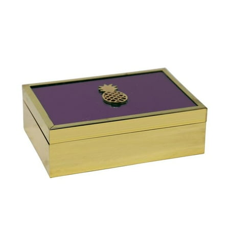 Inlayed Top - Benzara BM190385 Rectangle Wooden Decorative Storage Box with Pineapple Accent & Glass Inlaid Top - Gold & Purple - 7.5 x 5.25 x 2.25 in.