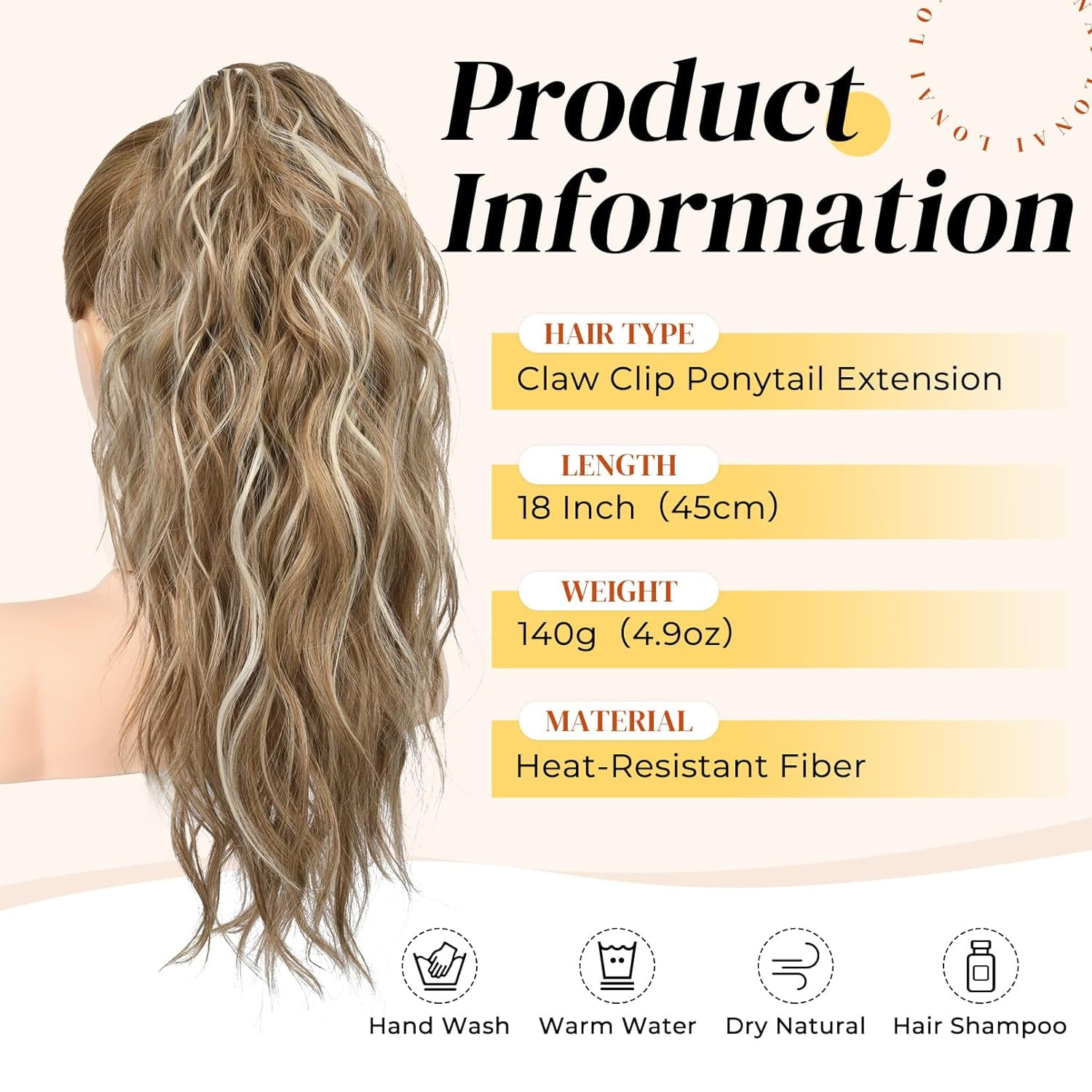 Ponytail Extension, 18" Wavy Claw Clip Ponytail Extensions Shoulder Length Curly Wavy Claw Clip in Pony tail Hair Extensions Pony tails Hairpieces-Dark Blonde with Blonde Highlights