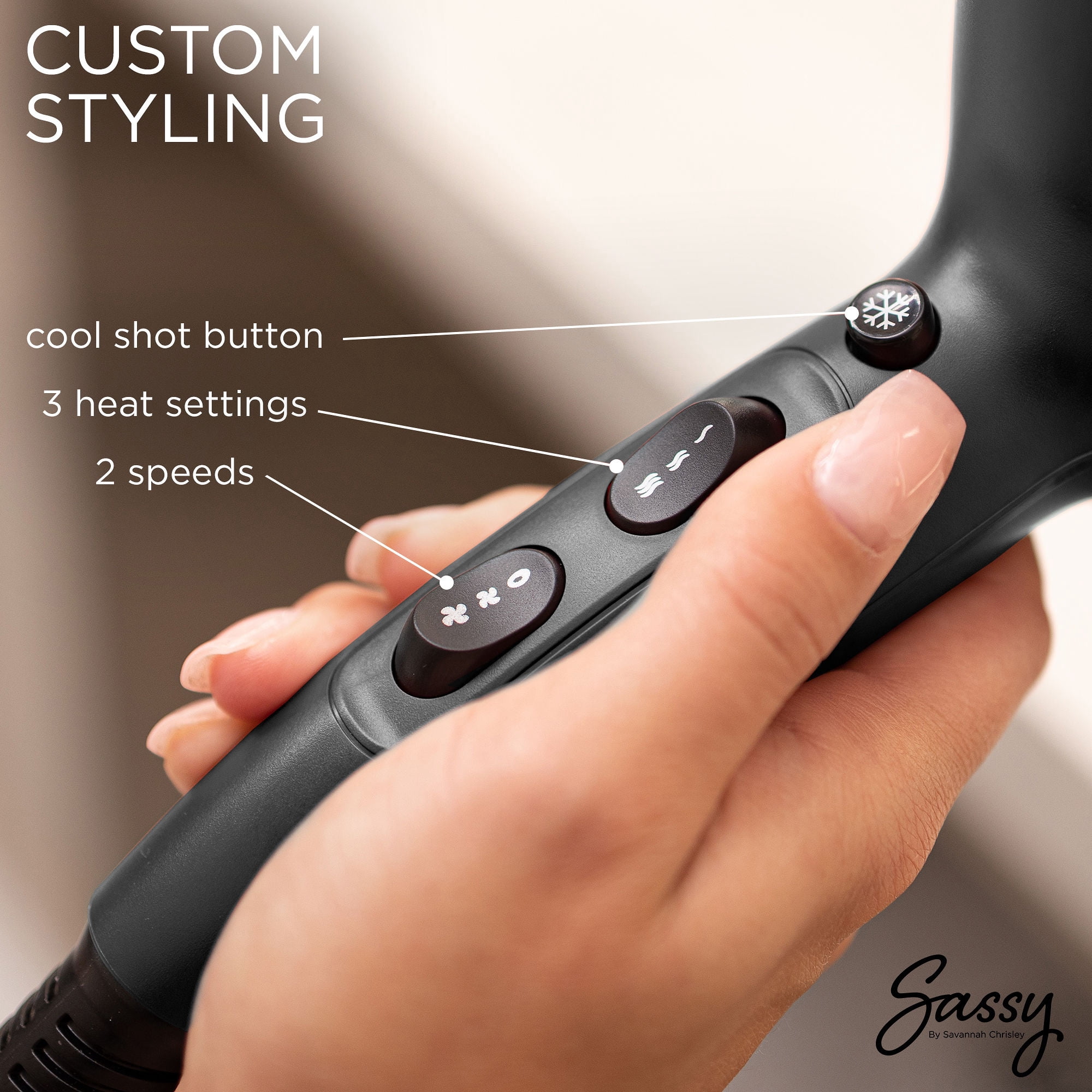 Sassy Ceramic Ion Hair Dryer, 1875-Watt Salon Dryer with Concentrator and Diffuser Black